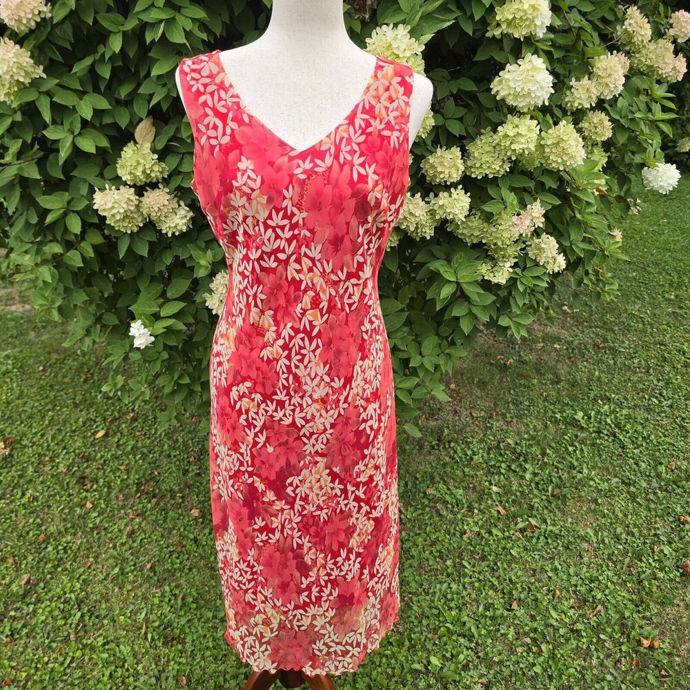 90s Red Floral Silky Soft Flowy Double V Neck Sleeveless Midi Ruffle Vtg Dress 8